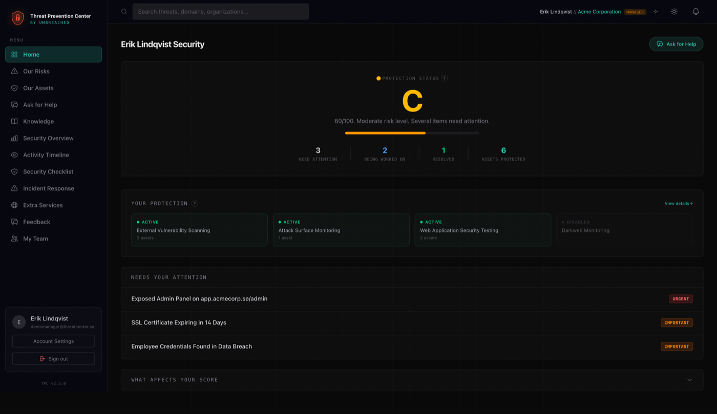 Threat Prevention Center portal dashboard
